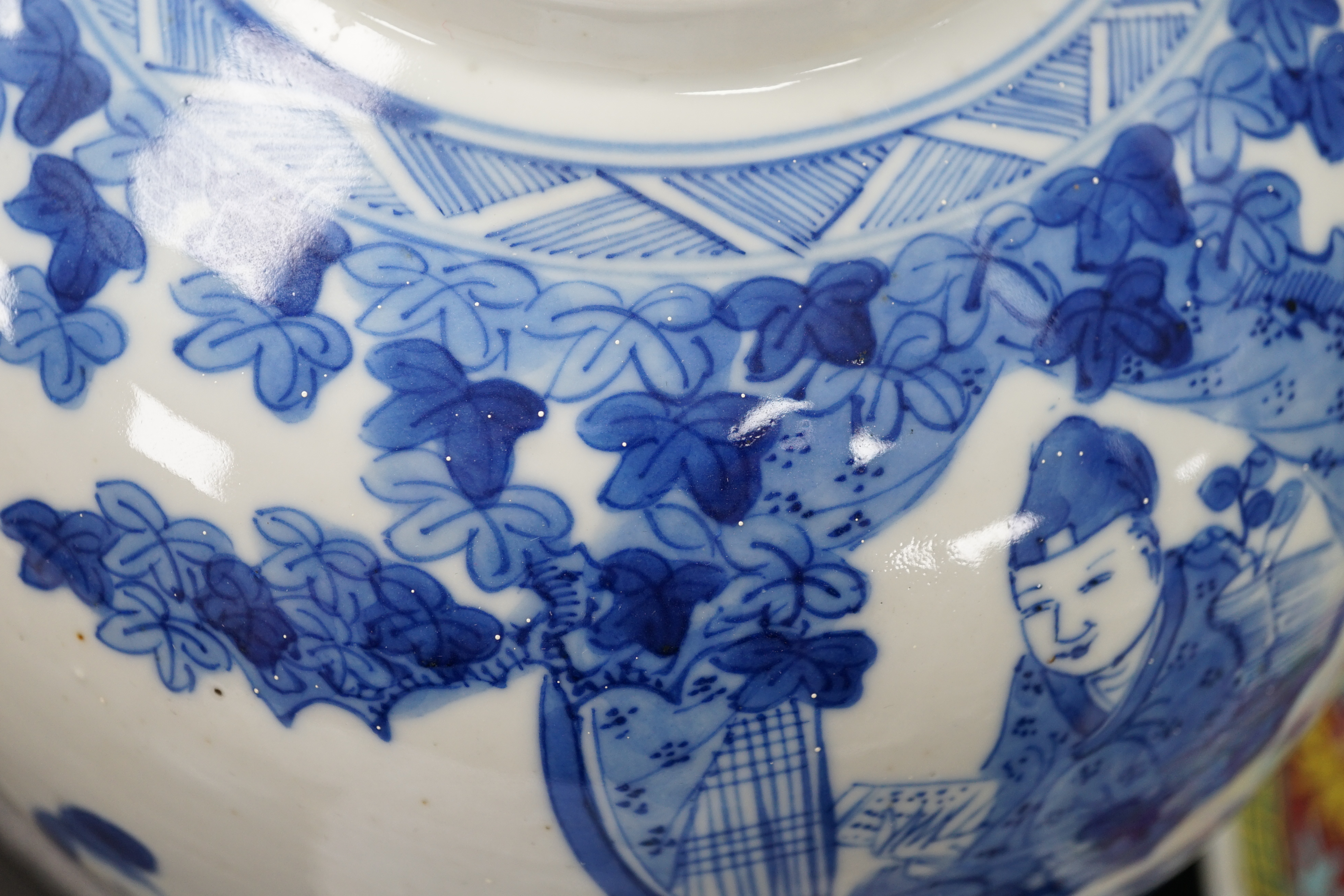 A large Chinese blue and white ‘Romance of the Western chamber’ ovoid jar and cover, Kangxi mark, but late 19th century